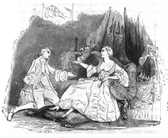 [a courtier kisses the hand of a queen]