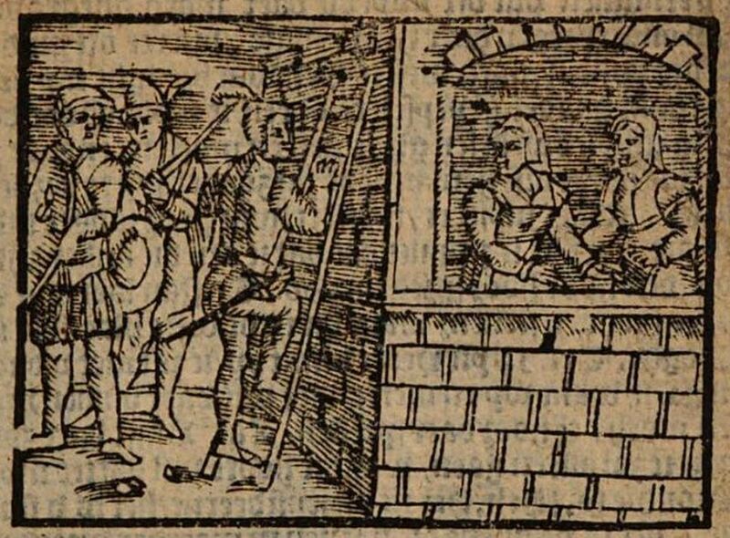 [Act XIV – Calisto, Guarded by Sosia and Tristán, Climbs Melibea’s Garden Wall While Melibea and Lucrecia Watch from a Window]