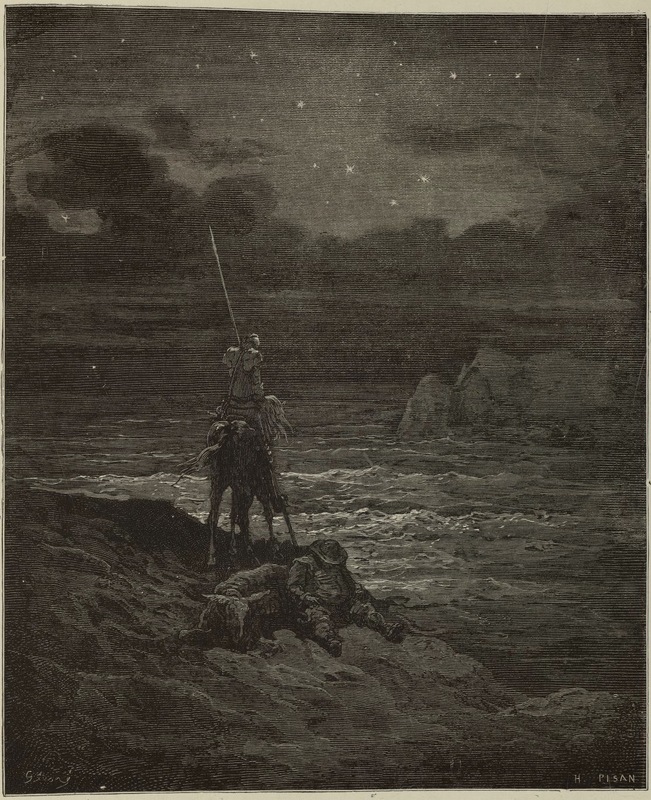 Don Quichotte attendit le jour à cheval
