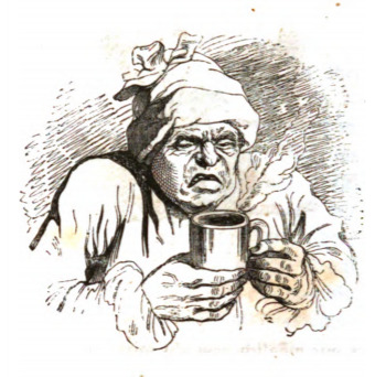 [a sick man holds a cup of medicine]