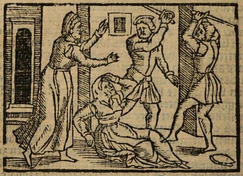 [Act XII – Sempronio and Pármeno Slay Celestina, While Elicia Looks on in Horror]