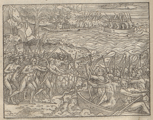 [Indigenous Brazilian women on land in conflict with Indigenous Brazilian men in canoes]