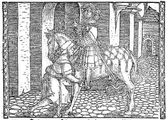 [Act II (Second Illustration) – Sempronio (?) Sitting on a Horse as He Prepares to Visit Celestina]