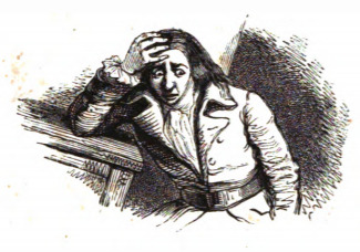 [Gulliver looking alarmed after hearing his sentence from the Lilliputians]