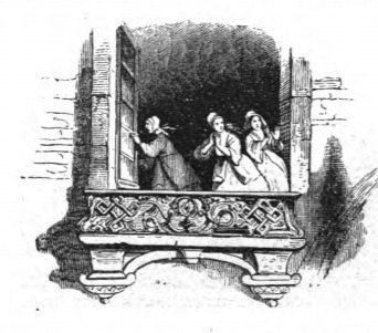 [The Empress and her ladies look out the window at the fire]