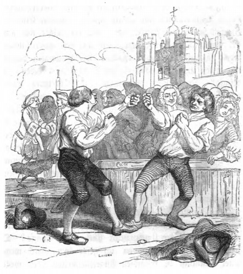 [Two men fist fight while a crowd watches]
