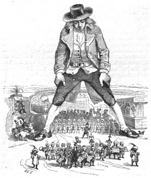 [Gulliver stands as a triumphal arch for Lilliputians]