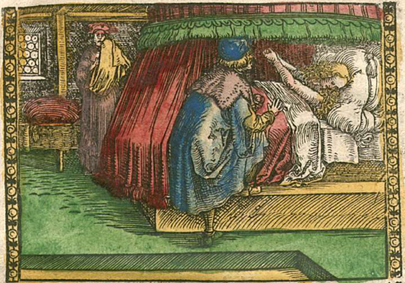 [Act XXI (First Illustration) – Pleberio Telling Alisa About the Death of Melibea while Lucrecia Stands at a Distance]