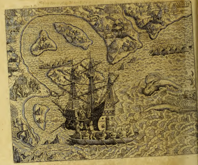 [A European ship anchored near the coast with Tupinambá canoes nearby]