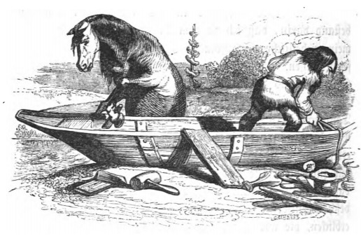 [Gulliver builds a boat to leave the Country of the Houyhnhnms with the help of the Sorrel Nag]