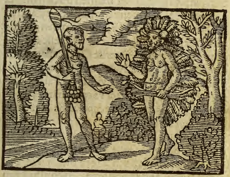 [Two Tupinambá men stand talking]