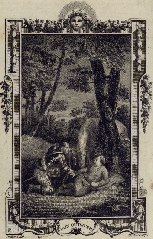 [Don Quixote tries to whip Sancho Panza]