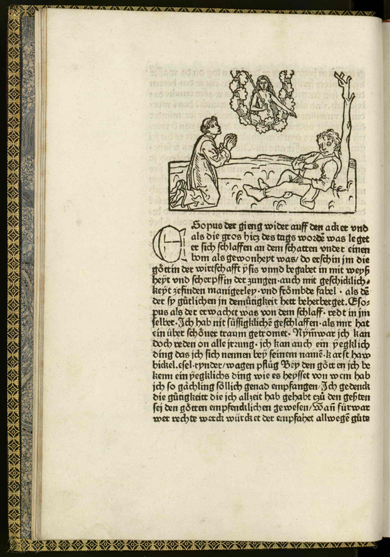 Vita et Fabulae [A man prays in front of a man resting against a tree while a naked woman at the center observes]