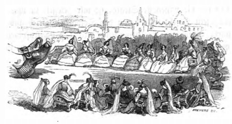 [Lilliputian women sitting in a circle around Gulliver]