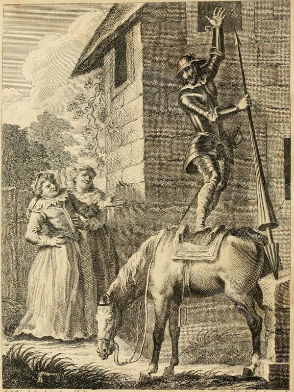 [Don Quixote hangs by his hand]