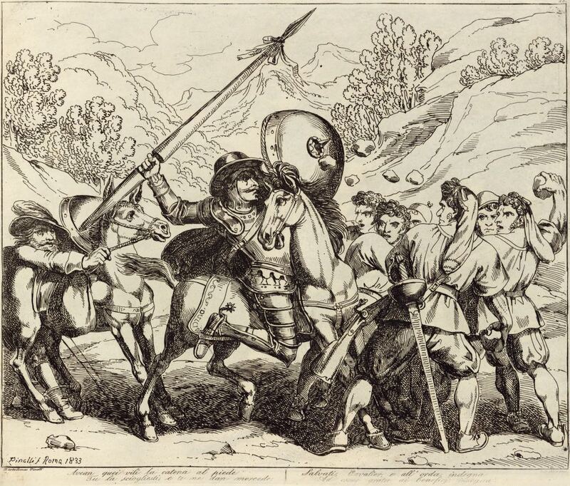 Avean quei vili la catena al piede / Tu la sciogliesti, e te ne dan mercede. / Salvati, Cavalier, e all'orda indegna / Ad esser grata ai benefici insegna.