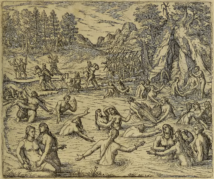 Die Spanier treiben allerhand Anzucht, mit den Indianischen Weibern, die sie in dem Läger unnd Wasserbädern ergriffen, nach dem Atabaliba gefangen worden.