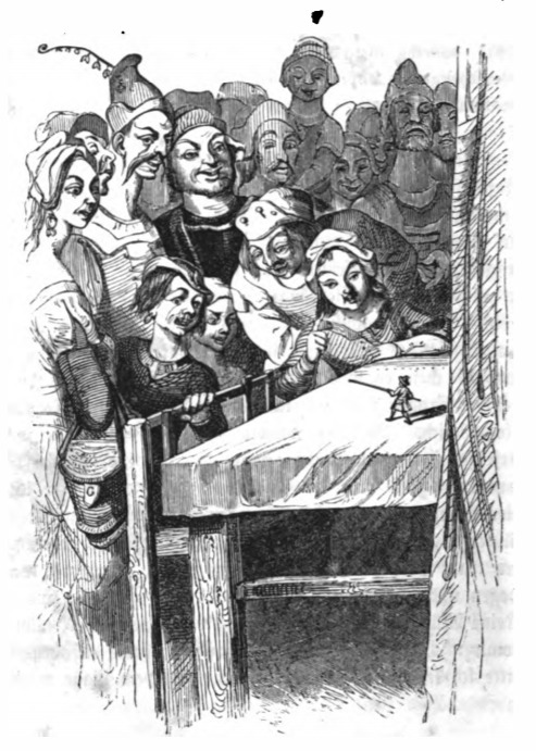 [A crowd of giants watches Gulliver perform on Brobdingnag]