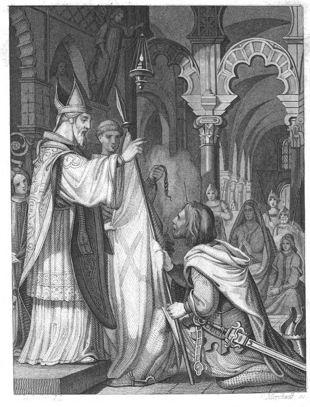 [The Cid kneels before a bishop]