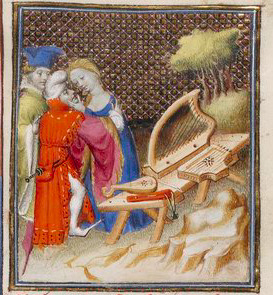 Sempronie courtisée ; sur la table une harpe, une cithare et une viole
