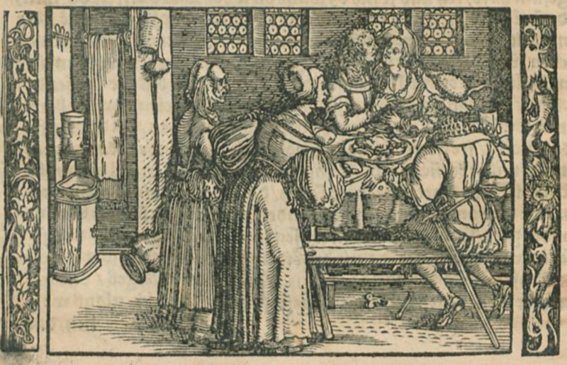 [Act IX – Celestina, Elicia, Sempronio, Areusa, and Pármeno Share a Meal]