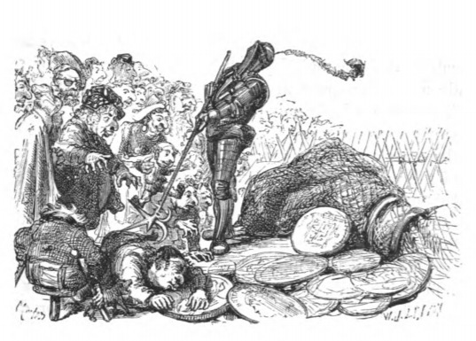 [Lilliputians stand next to a stack of Gulliver’s coins]
