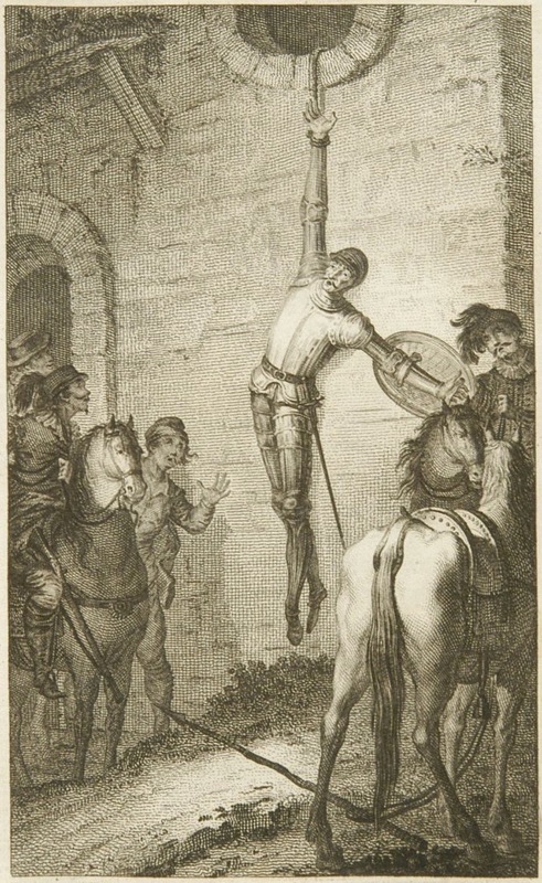 [Don Quixote hangs by his hand]