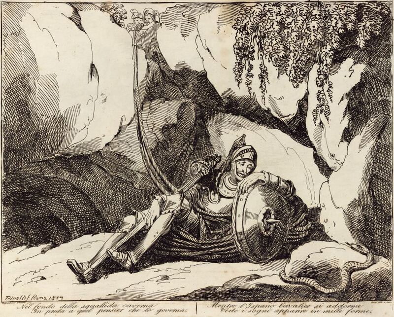Nel fondo della squallida caverna / In preda a quel pensier che lo governa. / Mentre l'Ispano Cavalier si addorme / Vede i sogni apparire in mille forme.