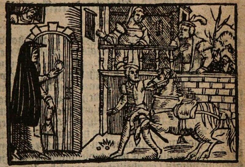 [Act I – As Celestina Knocks on a Door, a Horseman Approaches and Three Figures Observe (Repeated)]