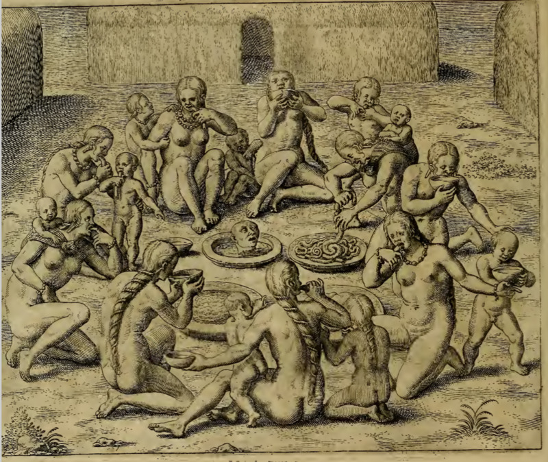 [A group of Tupinambá women and children share a cannibalistic meal]