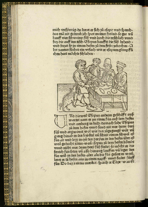 Vita et. Fabulae [A man carries a plate as three men dine at a table]