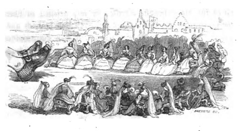 [A group of Lilliputian women sitting in a circle around Gulliver]