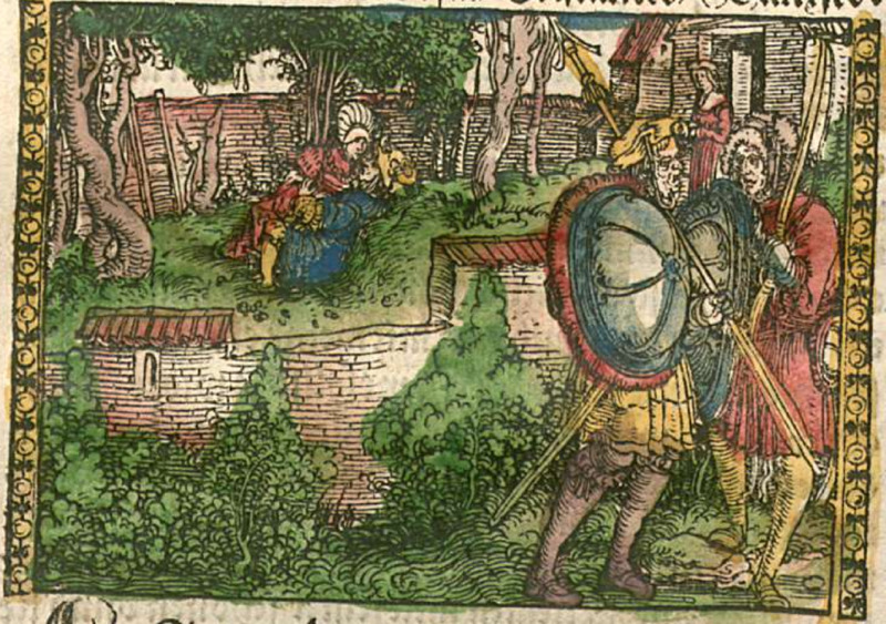 [Act XIV – Melibea and Calisto Embrace, Sosia and Tristan Stand Guard, and Lucrecia Waits at a Distance]