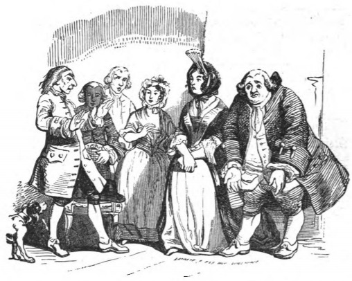 [Gulliver sits with his family after arriving home from Brobdingnag]