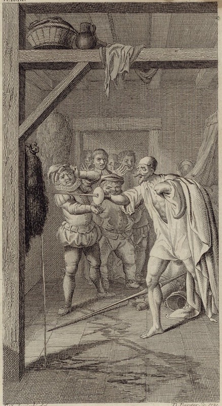 [Don Quixote attacks the wineskins]