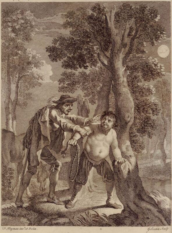 [Don Quixote prevents Sancho Panza whipping himself]