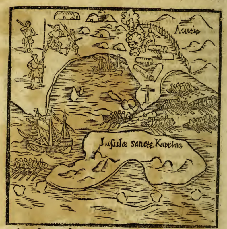 [Europeans go ashore in rowboats near an Indigenous village]