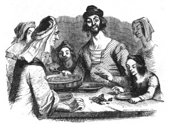 [Gulliver eats with the farmer’s family]