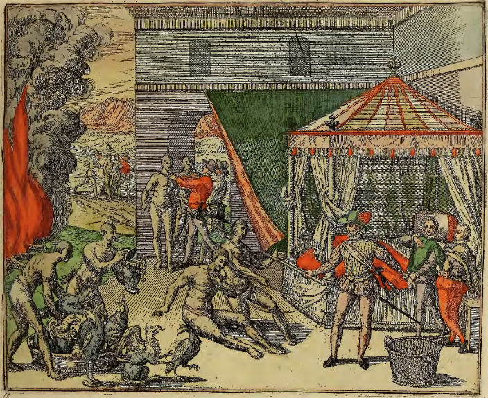 Præfectvs Hispanvs Caciqvos vincvlis adstringit, & succenso igne se eos crematurum minitatur, nisi corbem propositam sexies auro explerent.