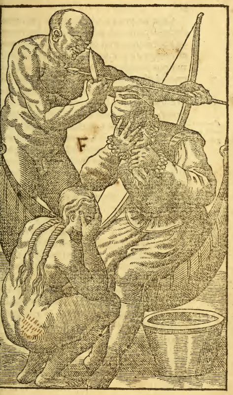 [A European man and a Tupinambá woman weep into their hands while a Tupinambá man stands behind them]