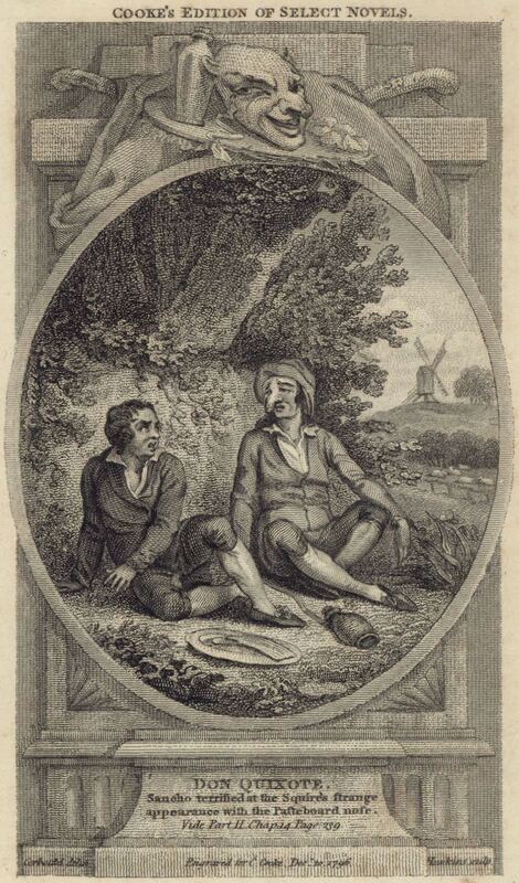 Sancho terrified at the Squire's strange appearance with the Pasteboard nose