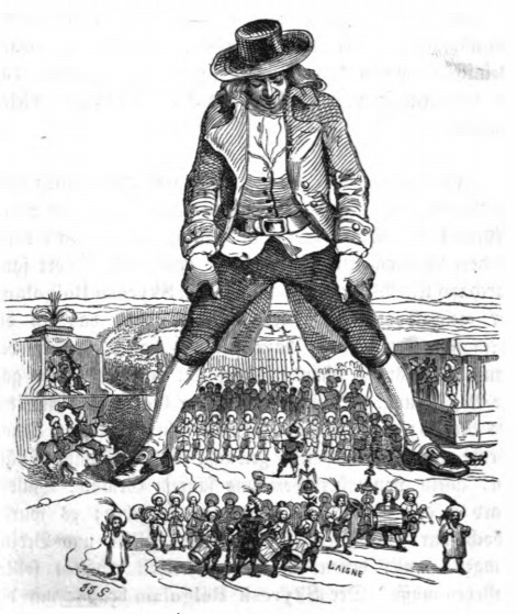 [Lilliputian army marches while Gulliver stands as a triumphal arch]