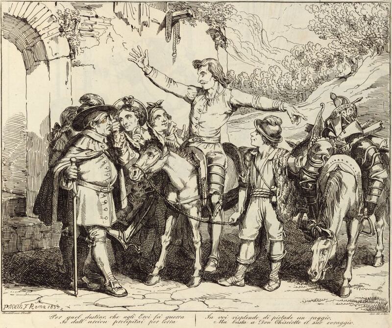 Per quel destino che agli Eroi fà guerra / Io dall'arcion precipitai per terra / In voi risplende di pietade un raggio, / Ma basta a Don Chisciotte il suo coraggio.