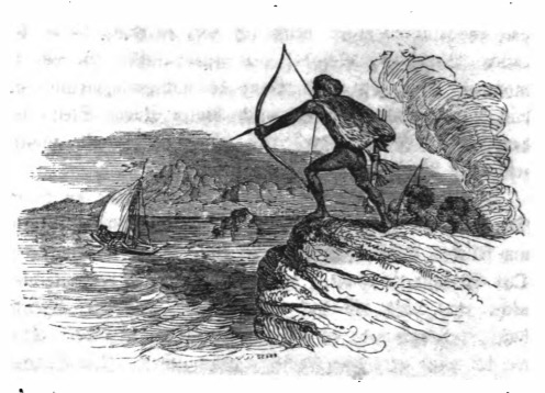 [native peoples of New Holland shoot arrows at Gulliver]