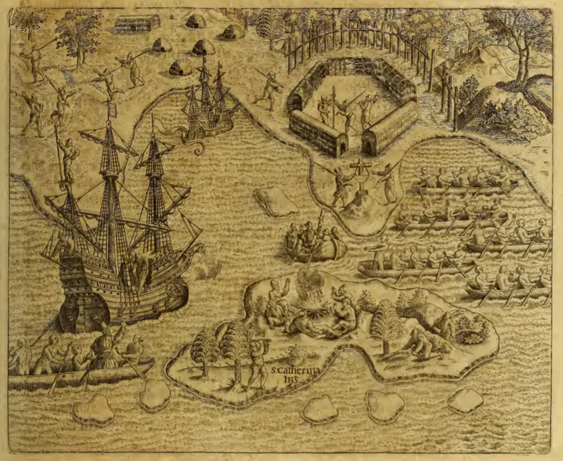 [European ships anchored along the coast near an abandoned Tupinambá village and the island Santa Catarina]