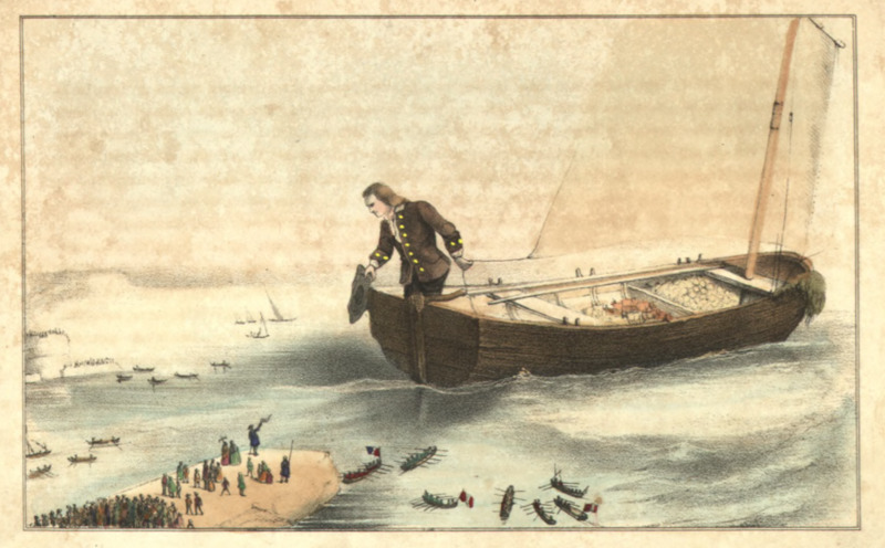 [Gulliver in his boat, ready to sail home to England]