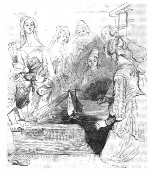 [Gulliver sails in a trough in the Royal Court of Brobdingnag]