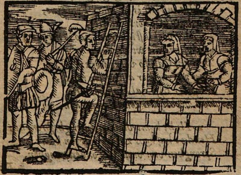 [Act XIX – Calisto, Guarded by Sosia and Tristán, Climbs Melibea’s Garden Wall While Melibea and Lucrecia Watch from a Window (Repeated)]