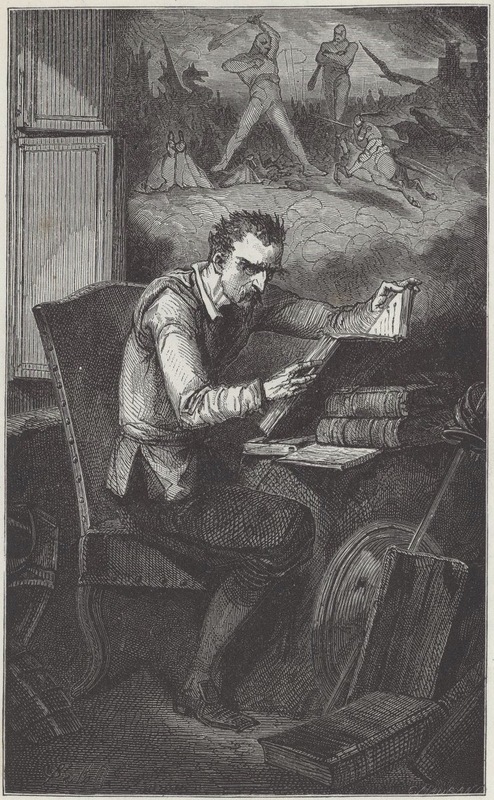 [Don Quixote reads chivalric books in his library]