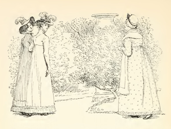 [Elizabeth and Jane walk through the gardens at Longbourn]